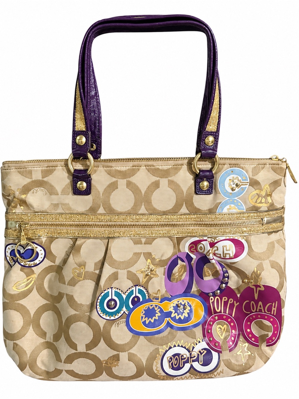 Coach Poppy Beige Signature Canvas Tote with Purple Handles
